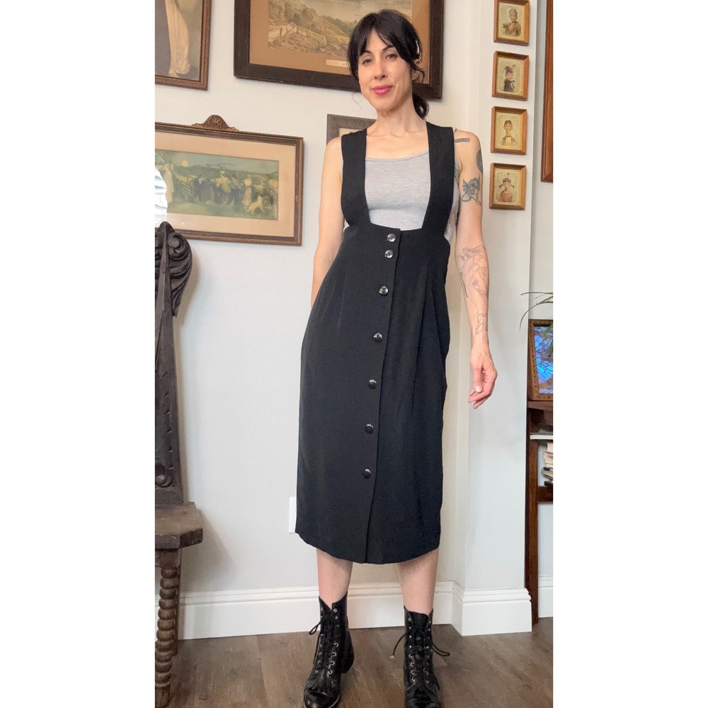 Vintage Black Button Front Pinafore Midi Skirt High Waist Overall Dress Straps